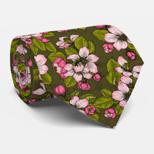 濃い緑にリンゴの花が咲く ネクタイ