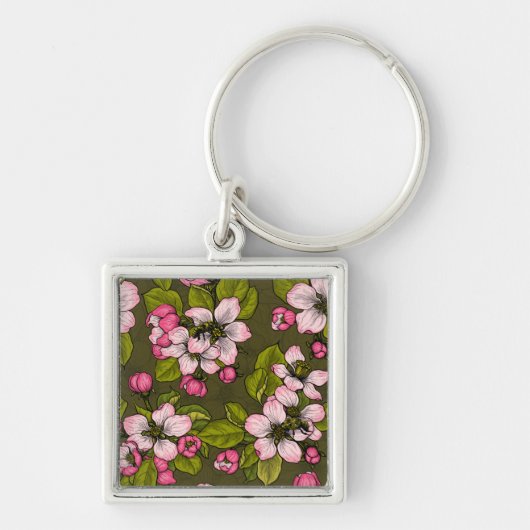 濃い緑にリンゴの花 キーホルダー (正面)