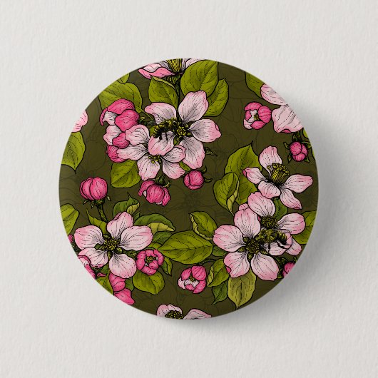 濃い緑にリンゴの花 缶バッジ (正面)