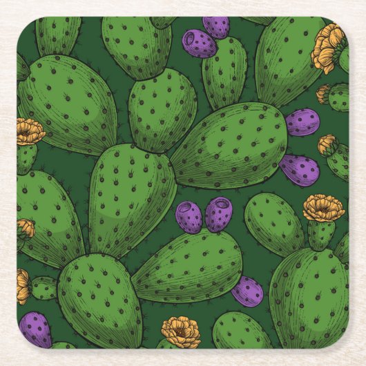 濃い緑に咲くオプンティア スクエアペーパーコースター (正面)
