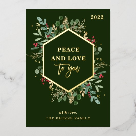 濃い緑に金箔を施した緑 | Peace and Love 箔シーズンカード (正面)