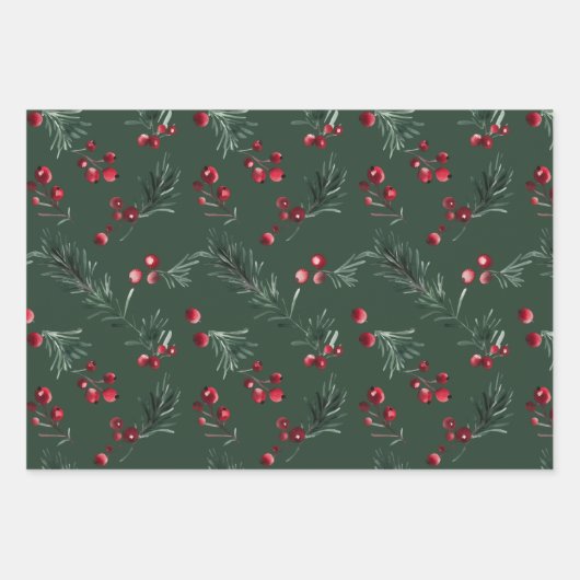 濃い緑のクリスマスウォーター素朴カラーパインボー ラッピングペーパーシート (正面)