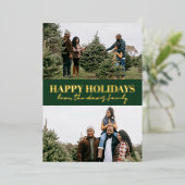 濃い緑のシンプル モダン「ハッピーホリデー」メッセージ 箔シーズンカード (立ち正面)