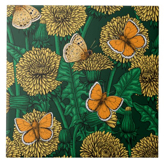 濃い緑のタンポポ草原 タイル (正面)