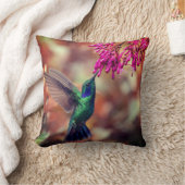 濃い緑のハミングバードピンクの花 クッション (ブランケット)