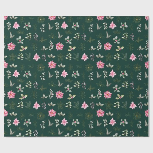 濃い緑のピンクのポインセチアの花と葉 ラッピングペーパー (フラット)
