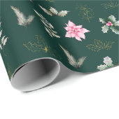 濃い緑のピンクのポインセチアの花と葉 ラッピングペーパー (ロールコーナー)