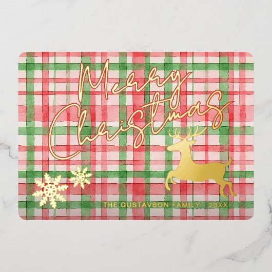 濃い緑のピンクレッドプレイド金ゴールドに高級トナカイ 箔シーズンカード (正面)