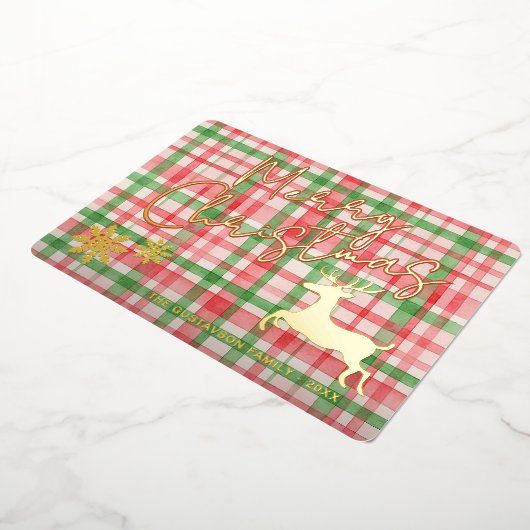 濃い緑のピンクレッドプレイド金ゴールドに高級トナカイ 箔シーズンカード (回転した状態)