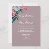 濃い緑のピンク色の紫のフローラ結婚の 招待状 (正面)