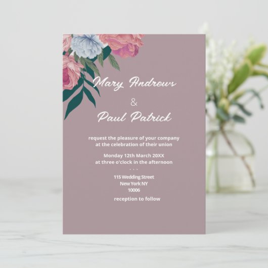 濃い緑のピンク色の紫のフローラ結婚の 招待状 (スタンド正面)