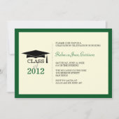 濃い緑のベージュ色キャップタッセル卒業発表 招待状 (正面)