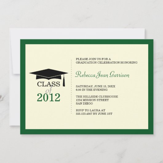 濃い緑のベージュ色キャップタッセル卒業発表 招待状 (正面)