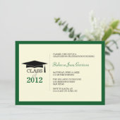 濃い緑のベージュ色キャップタッセル卒業発表 招待状 (スタンド正面)