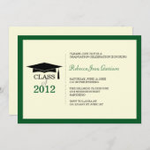 濃い緑のベージュ色キャップタッセル卒業発表 招待状 (正面/裏面)