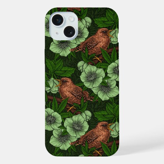 濃い緑のミソサザイとヘレボルス iPhoneケース (裏面)