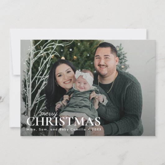 濃い緑のミニマル初めてのクリスマス家族の写真 シーズンカード (正面)