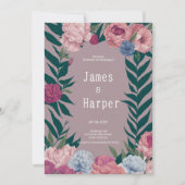 濃い緑のメイブピンクのフローラ結婚ズ 招待状 (正面)