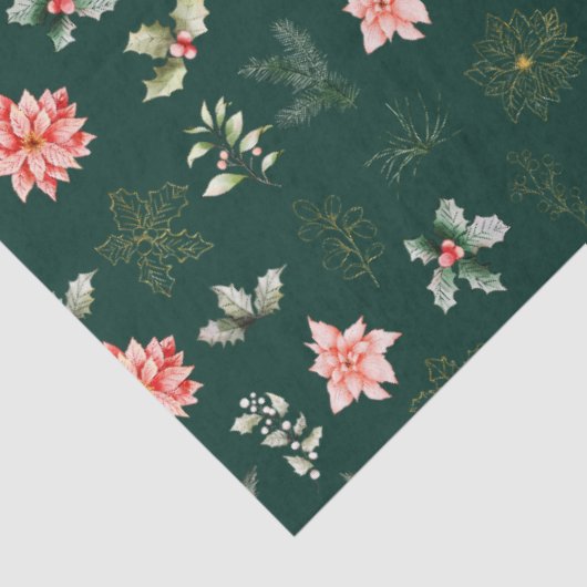濃い緑の上の赤いポインセチアの花と葉 薄葉紙 (詳細)