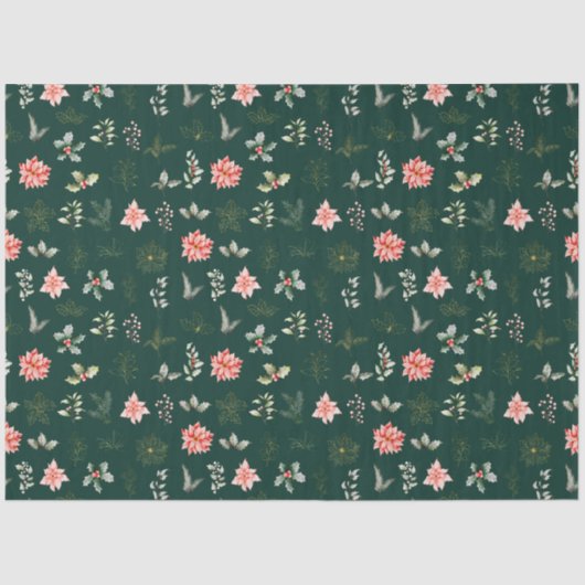 濃い緑の上の赤いポインセチアの花と葉 薄葉紙 (正面)