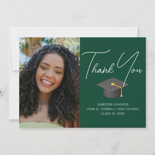 濃い緑の卒業写真のパーソナライズされた卒業 サンキューカード (正面)