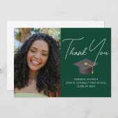 濃い緑の卒業写真のパーソナライズされた卒業 サンキューカード (正面/裏面)