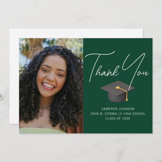 濃い緑の卒業写真のパーソナライズされた卒業 サンキューカード (正面/裏面)