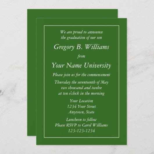濃い緑の卒業案内またはお知らせ 招待状 (正面/裏面)