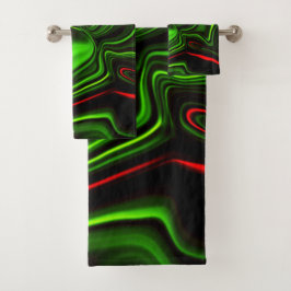 濃い緑の基金の上に緑と赤のカーブしたストローク バスタオルセット