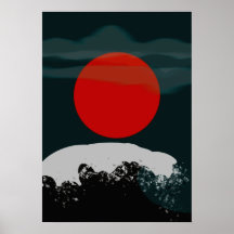 濃い緑の夕焼けと赤い太陽