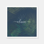 濃い緑の手のひら葉のパターン スタンダードカクテルナプキン (正面)