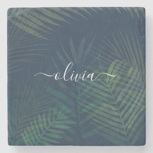 濃い緑の手のひら葉のパターン ストーンコースター (正面)