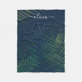 濃い緑の手のひら葉のパターン フリースブランケット