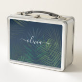 濃い緑の手のひら葉のパターン メタルランチボックス (正面)