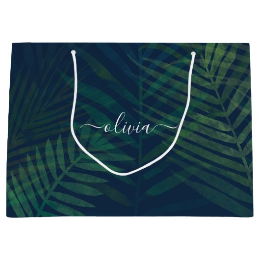 濃い緑の手のひら葉のパターン ラージペーパーバッグ (正面)