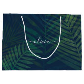 濃い緑の手のひら葉のパターン ラージペーパーバッグ (裏面)