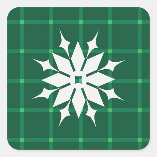 濃い緑の格子状の冬の休暇スノーフレーク スクエアシール (正面)