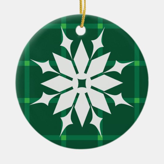 濃い緑の格子状の冬の休暇スノーフレーク セラミックオーナメント (正面)