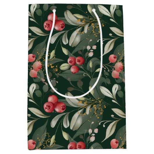 濃い緑の植物エレガントのクリスマス ミディアムペーパーバッグ (正面)