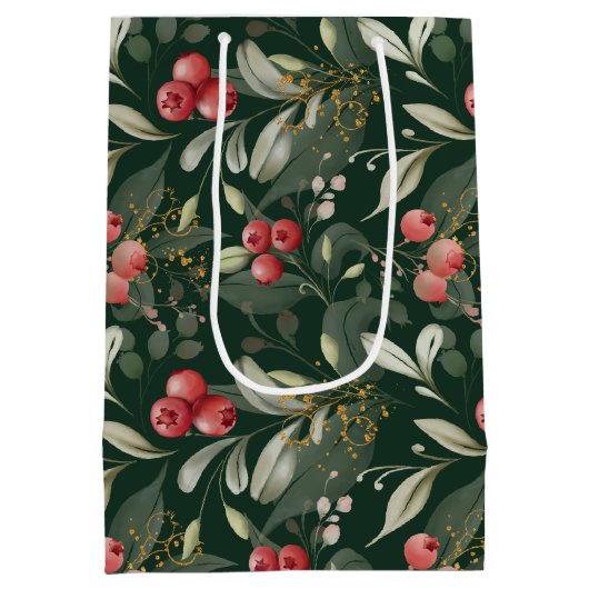 濃い緑の植物エレガントのクリスマス ミディアムペーパーバッグ (裏面)
