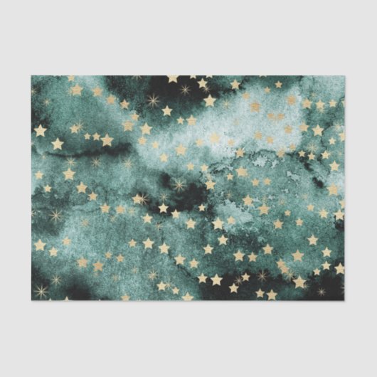 濃い緑の水色と金ゴールド星 薄葉紙 (正面)
