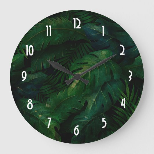 濃い緑の熱帯葉模様 ラージ壁時計 (正面)