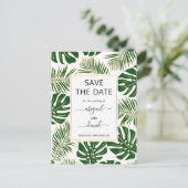 濃い緑の熱帯離れ国の結婚式の日付を保存 案内ポストカード (スタンド正面)