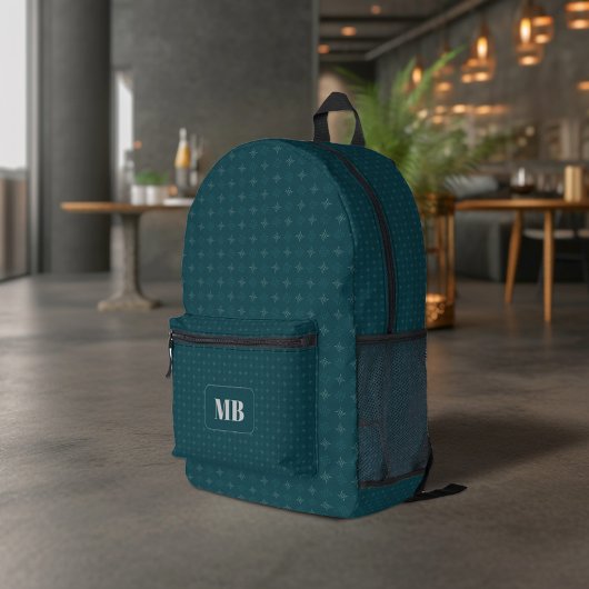 濃い緑の白い星型モノグラムの プリントバックパック