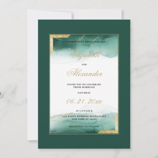 濃い緑の白い水の色の金ゴールド結婚グリッター 招待状 (正面)