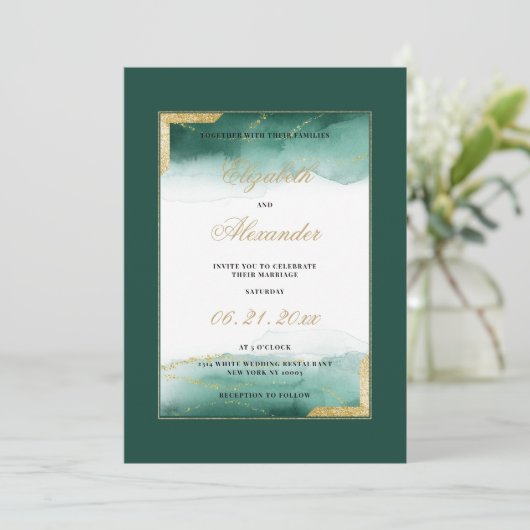 濃い緑の白い水の色の金ゴールド結婚グリッター 招待状 (スタンド正面)