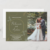 濃い緑の結婚式招待状と写真 招待状 (正面/裏面)