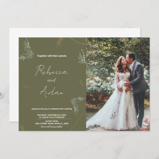 濃い緑の結婚式招待状と写真 招待状 (正面/裏面)