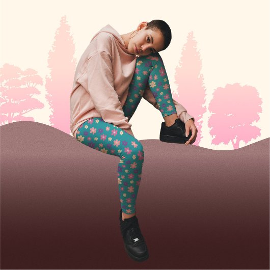 濃い緑の背景に美しい花パターン レギンス