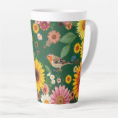 濃い緑の背景の鳥と花 カフェラテマグ (右アングル)